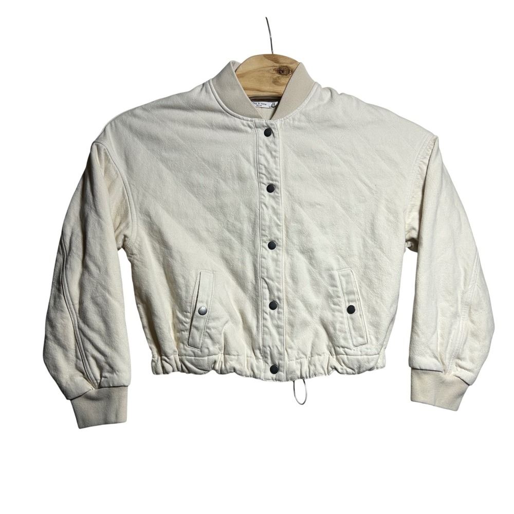 Rag & Bone Cream Quilted Cotton Bomber Jacket‎ Cropped Off-White Size Medium